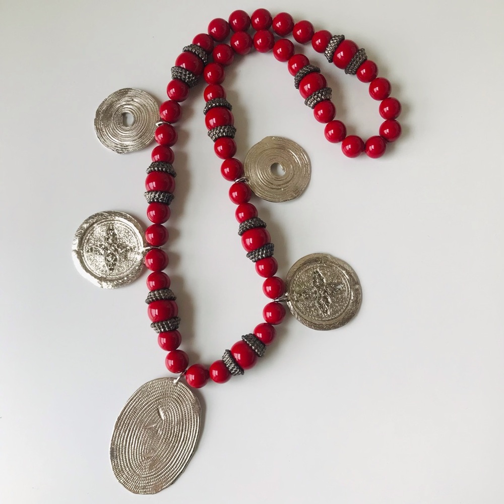 Kenneth Lane Vintage Large Coin Beaded Statement Necklace - Picture 2 of 14